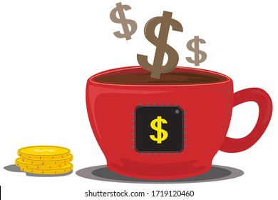 coin and coffee hot concept, this is red coffee cup and sing dollar with smoke coffee, flat design sing catoon