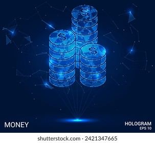 Holograma de columna de moneda: Elevar visualizaciones financieras con este vector, mostrando una pila holográfica de monedas. Un símbolo de prosperidad y evolución de la moneda digital.