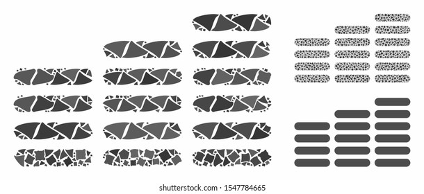 Coin columns mosaic of joggly elements in different sizes and shades, based on coin columns icon. Vector inequal elements are grouped into collage. Coin columns icons collage with dotted pattern.