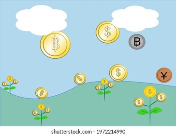 Coin come from the sky and token tree for crypto currency’s concept 