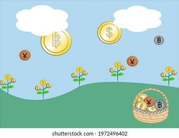 Coin come from the sky and token tree for crypto currency’s concept 