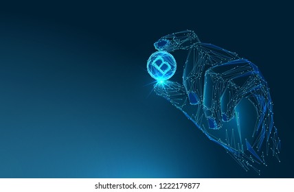 Coin in the hand.Тechnological concept. Banner. Low poly vector illustration of a starry sky or Cosmos. 