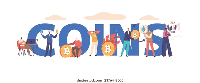 Coin Concept, Characters with Cryptowährung, Digital Asset Holders using Decentralized Blockchain Technology