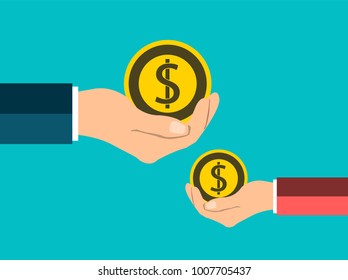 Coin concepto mano. dale dinero de medalla. finanzas. ilustrador vectorial