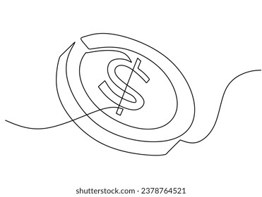 Coin continuous line drawing. Dollar money symbol penny cent. Vector illustration isolated on white background. Minimalist design handdrawn.