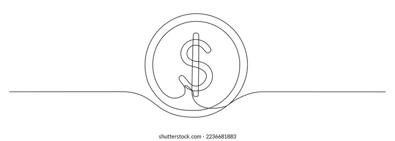 Coin continuous one line drawing art. Money dollar linear symbol. Vector isolated on white.