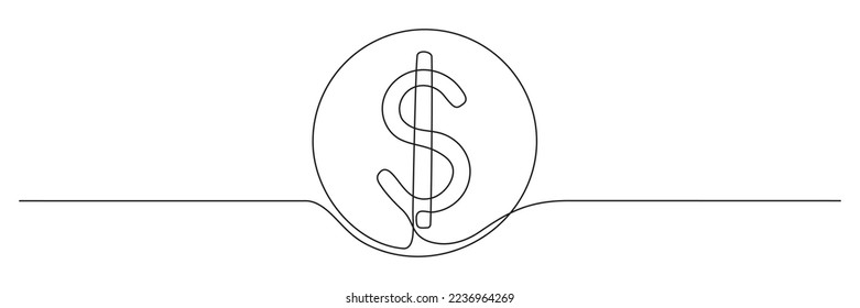 Coin continuous one line drawing art. Money dollar linear symbol. Vector isolated on white.