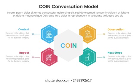 Modelo infográfico Plantilla de 4 puntos con forma hexagonal conectada para el Vector de presentación de diapositivas