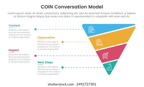 Modelo infográfico Plantilla de etapa de 4 puntos con la forma de pirámide inversa del embudo para el Vector de la presentación de diapositivas