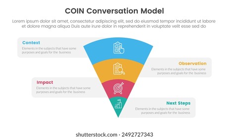 Modelo infográfico Plantilla de etapa de 4 puntos con pirámide inversa de embudo con información de caja para Vector de presentación de diapositivas