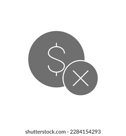 Coin with cross marks, rejected, incorrect grey fill icon. Finance, payment, invest finance symbol design.