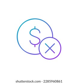 Coin with cross marks, rejected, incorrect gradient lineal icon. Finance, payment, invest finance symbol design.