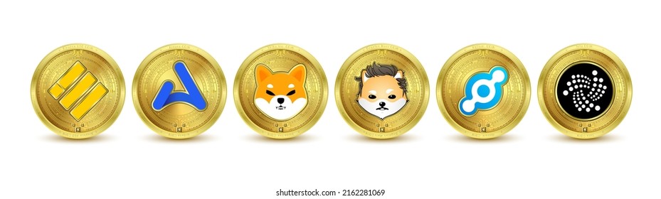 Coin crypto currencies Binance USD, Dogelon Mars, Iota, Helium, Ardana, Shiba Inu. Gold token cryptocurrency. Future currency on blockchain stock market. Isolated on white background Vector. svg