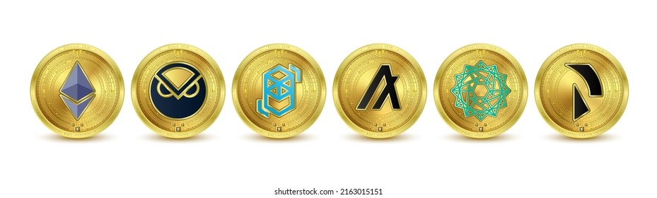 Coin crypto currencies Ethereum, Algorand, Fantom, Gnosis, Power Ledger, Raiden Network Token. Future currency on blockchain stock market. Gold token cryptocurrency. Isolated Vector.