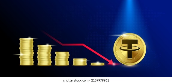 Coin crypto Tether (USDT) on blue background. Stablecoin blockchain token price drop from pile of gold coins.There is space to enter a message. Nice for cryptocurrency and digital money concept.