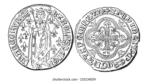 Coin Currency, during the rule of Charles VII of France, vintage engraved illustration. Dictionary of Words and Things - Larive and Fleury - 1895