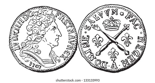 Coin Currency, during the rule of Louis XIV of France, vintage engraved illustration. Dictionary of Words and Things - Larive and Fleury - 1895