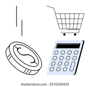 Coin with currency symbol and calculator beside a shopping cart. Ideal for commerce, shopping, finance, budgeting, and economics. Simple line art style