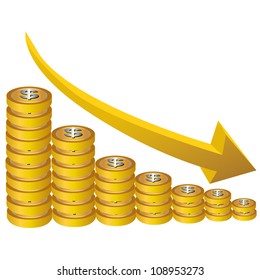 coin, decreasing chart arrow in 3d and graph