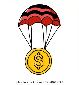 The coin descend with a parachute. The concept of saving finances, insurance against the crisis.