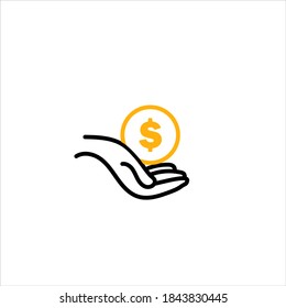 Münze, Dollar in Händen einzeln Symbol. Geld sparen. Vektorgrafik.
