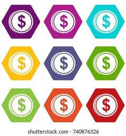 Coin dollar icon set many color hexahedron isolated on white vector illustration