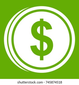 Coin dollar icon white isolated on green background. Vector illustration