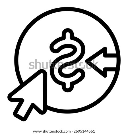 Coin with dollar and mouse pointer line icon, osint analytics concept. Vector graphics. Choosing currency, money sign on white background, outline style icon for mobile or web design