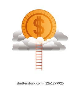 coin with dollar on clouds and stairs