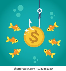 Coin Dollar On Fishing Hook And Hungry Fishes In Temptation To Catch A Dollar. Money Trap Concept. Vector Illustration