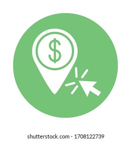 coin dollar with pin location block style icon vector illustration design