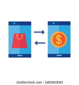 coin dollar and shopping bag in smartphones payment online flat style vector illustration design