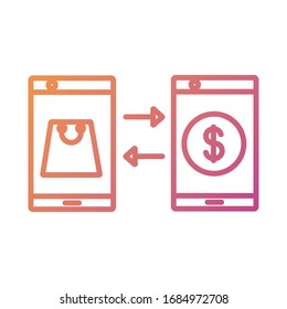 coin dollar and shopping bag in smartphones payment online line degradient style vector illustration design