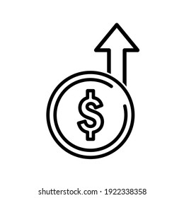 Coin with dollar sign and up arrow flat icon. Pictogram for web. Line stroke. Isolated on white background. Vector eps10