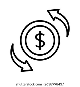 Coin with dollar sign, arrows going opposite directions. Suitable for financial concepts, investments, economic trends, money management, and cryptocurrency themes.