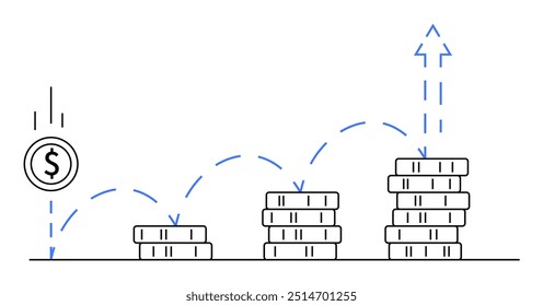 Coin with dollar sign bouncing up steps of stacked coins, increasing towards rising arrows. Ideal for finance, investment, savings, economic growth, wealth management.