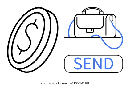 Coin with dollar sign, business briefcase, and Send button symbolize digital money transfer. Ideal for finance apps, banking, fintech solutions, e-commerce, online transactions, business services