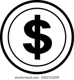 Coin With Dollar Sign for Coloring Page. Money symbol. Vector Currency. Business and Finance Concept. Earnings and Income.