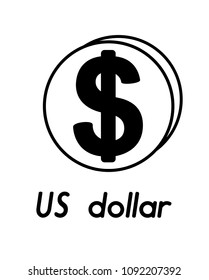 coin with dollar sign  in the form of coin and with a description  on a white background , black and white color