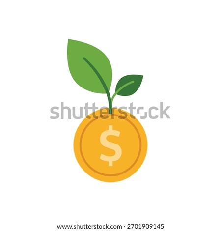 A coin with a dollar sign has a small green plant growing from it.