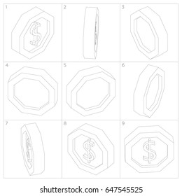 Coin Dollar sign lowpoly isometric perspective 3d animation sprite sheet sequence. Vector rotate sprite sheet