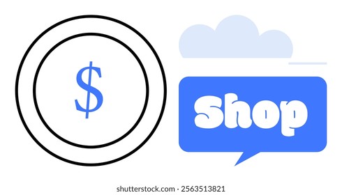 Coin with a dollar sign next to a cloud-shaped blue shop symbol. Ideal for business, finance, commerce, shopping, marketing. Simple, modern design