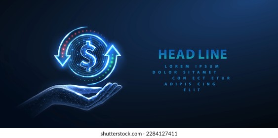 Coin with a dollar sign and two arrows rotating around it on hand. Bank transfer, currency exchange, stock investment, cashback rewards, revenue generation, stock market, money transfer concept. svg