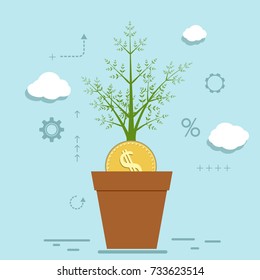 Coin with dollar signs growing in a flower pot. Stock vector illustration