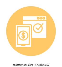 moneda en un smartphone con diseño de ilustración vectorial de estilo de bloque de páginas web