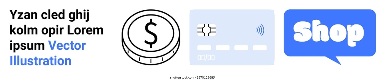 Coin with dollar symbol, credit card, and shop sign speech bubble with text. Ideal for e-commerce, online shopping, digital payments, financial transactions, business websites. Banner for landing