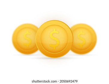 Coin with Dollar symbol. Gold cartoon coin. Vector illustration.