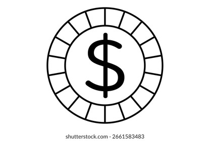 Moneda con símbolo de dólar icono de dibujo de línea simple, ilustración de divisas y finanzas, blanco y negro, Ilustración vectorial
