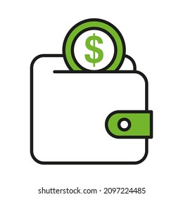 Coin with dollar symbol in wallet. Green and white illustration with black outline. Simple flat three color vector icon for website, app, print, presentation, and more