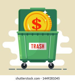 coin dollar in the trash container. currency default. crisis in the country. flat vector illustration